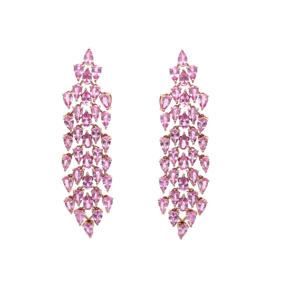 Pink Sapphire Pear Long Dangle Earrings