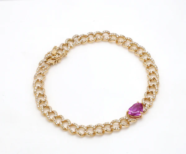  Pink Sapphire Heart Link Chain Bracelet