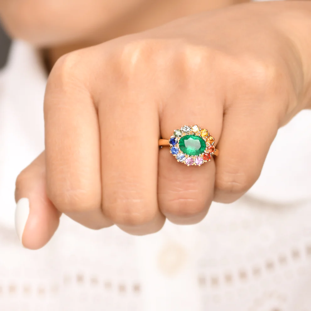 Emerald & Rainbow Sapphire Halo Ring