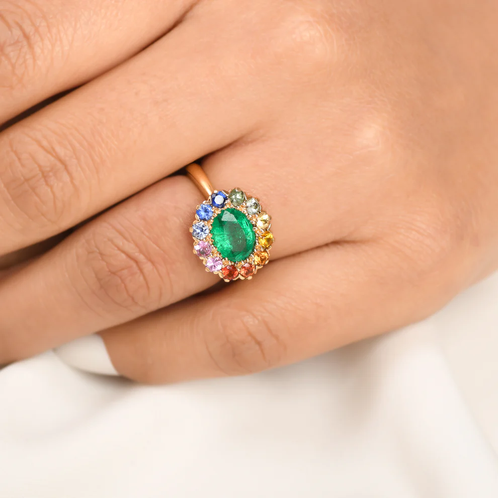 Emerald & Rainbow Sapphire Halo Ring