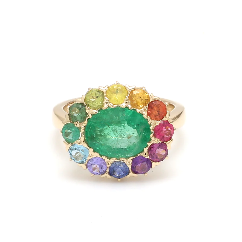 Emerald & Rainbow Sapphire Halo Ring