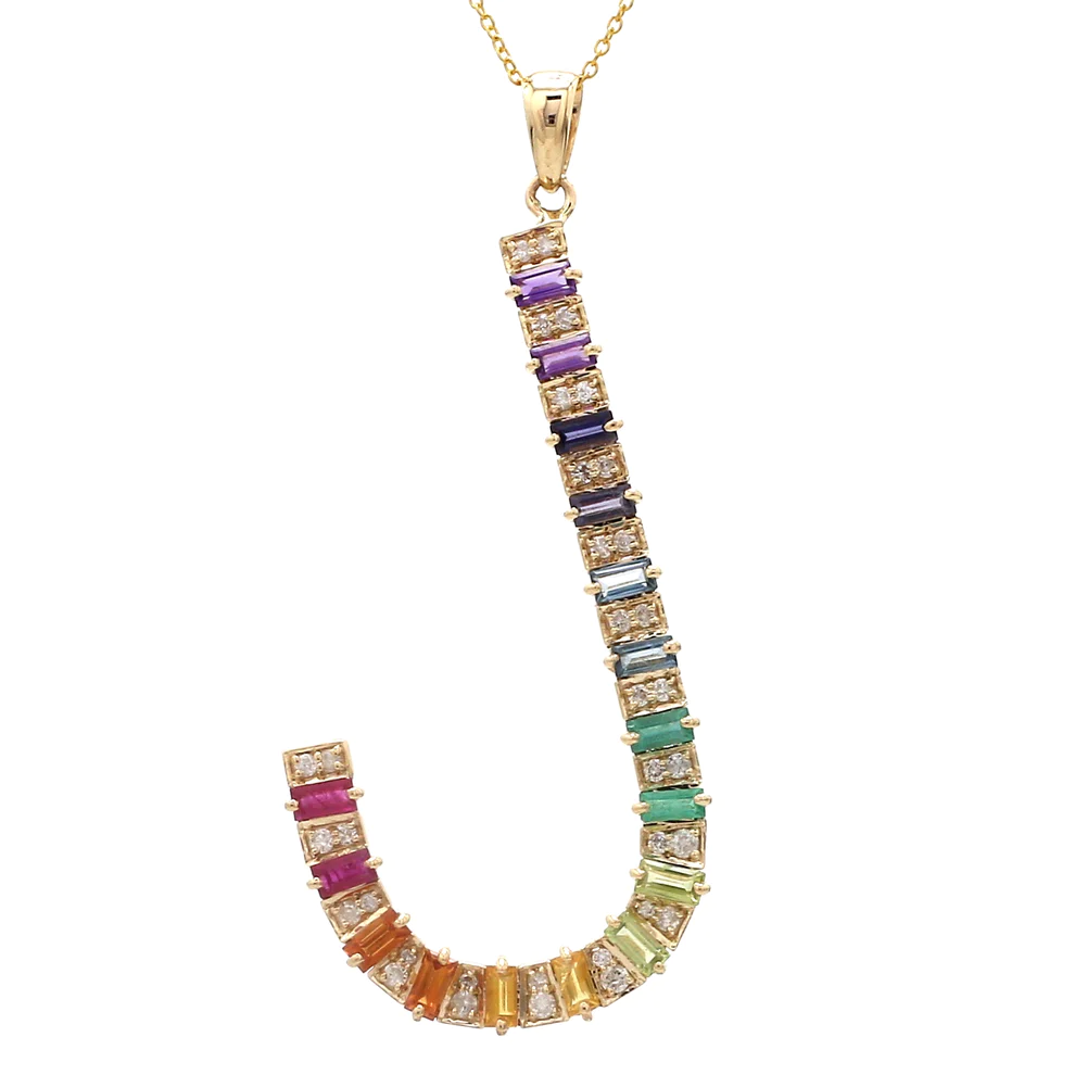 Rainbow Sapphire J Letter Initial Pendant