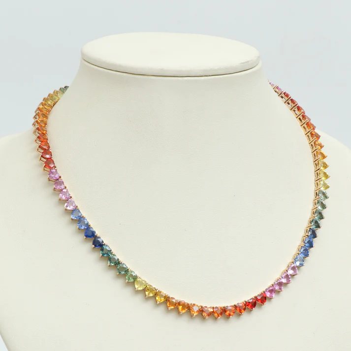 Rainbow Sapphire Big Heart Tennis Necklace