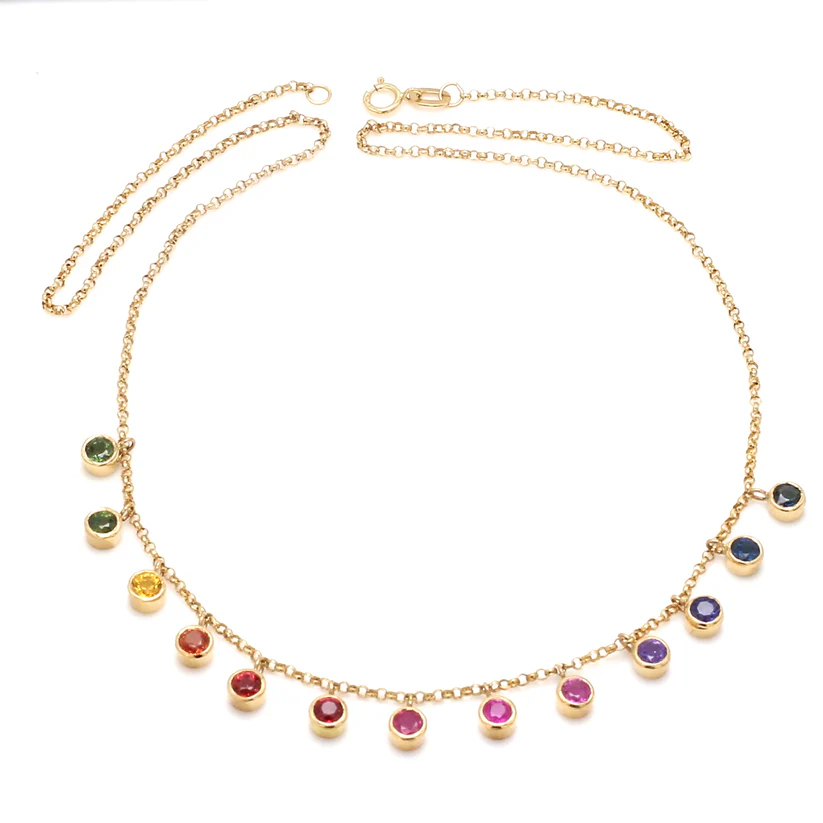 Rainbow Sapphire Bezel Round Link Charm Necklace