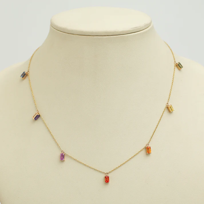 Rainbow Sapphire Emerald Cut Chain Necklace