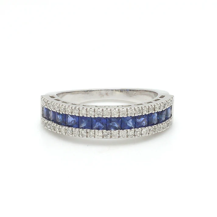 Blue Sapphire Princess Diamond Half Eternity Ring