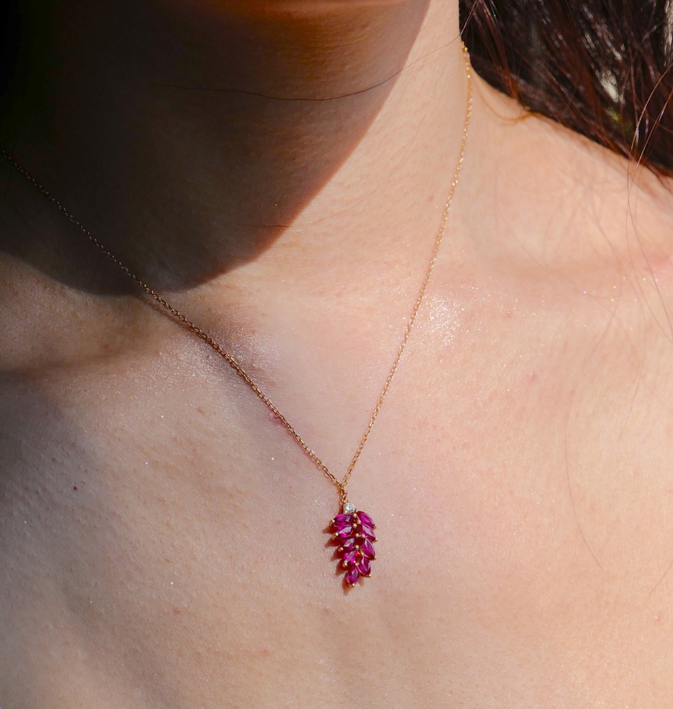 Ruby & Diamond Leaf Bloom Pendant Necklace