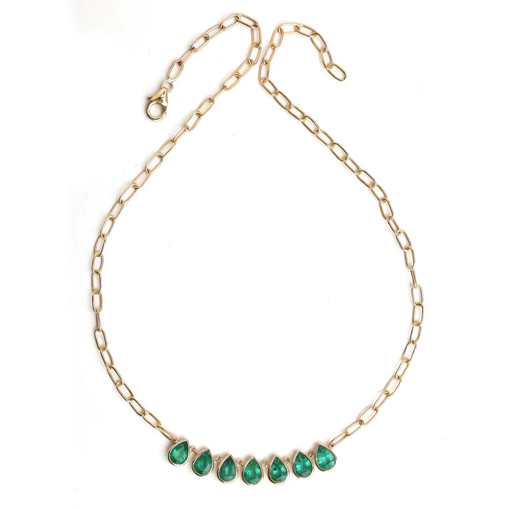 Emerald Pear Bezel Paperclip Chain Necklace