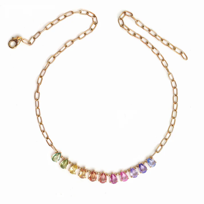 Rainbow Sapphire Pear Prong Link Chain Necklace