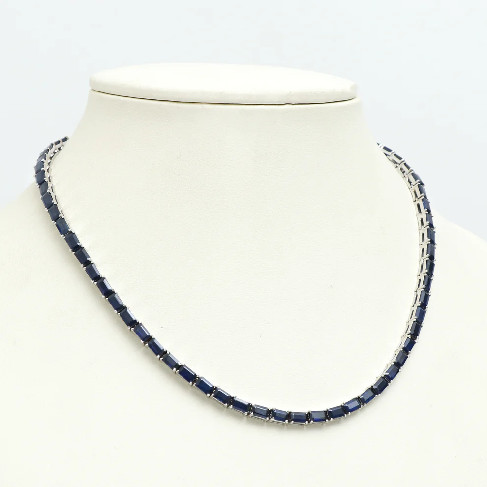 Blue Sapphire Emerald Cut Tennis Necklace