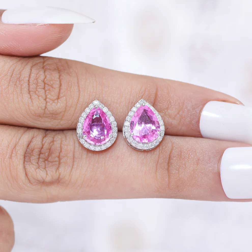 Pink Sapphire & Diamond Pear Studs