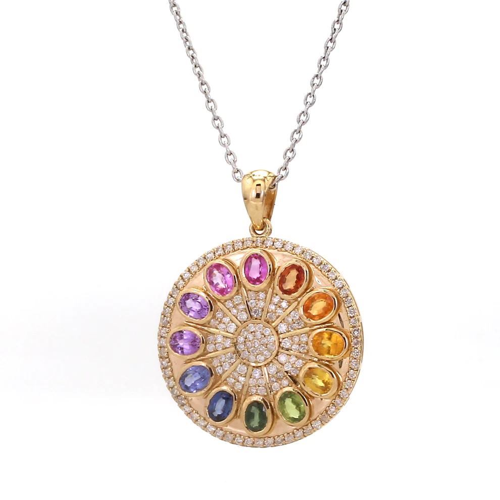 Rainbow Sapphire & Diamond Oval Disc Pendant