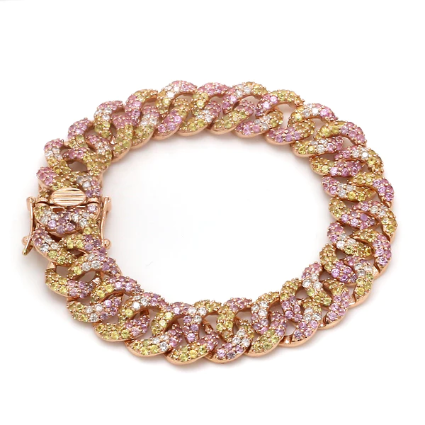 Pink & Yellow Sapphire Cuban Chain Bracelet