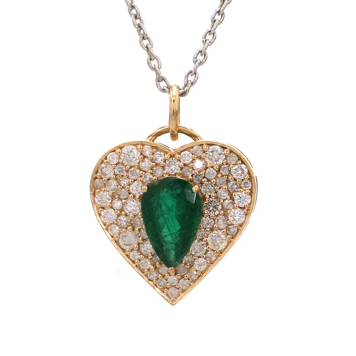 Emerald Pear With Diamond Heart Necklace