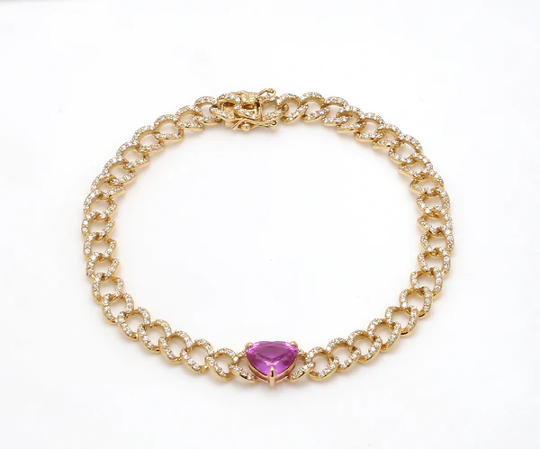  Pink Sapphire Heart Link Cuban Chain Bracelet