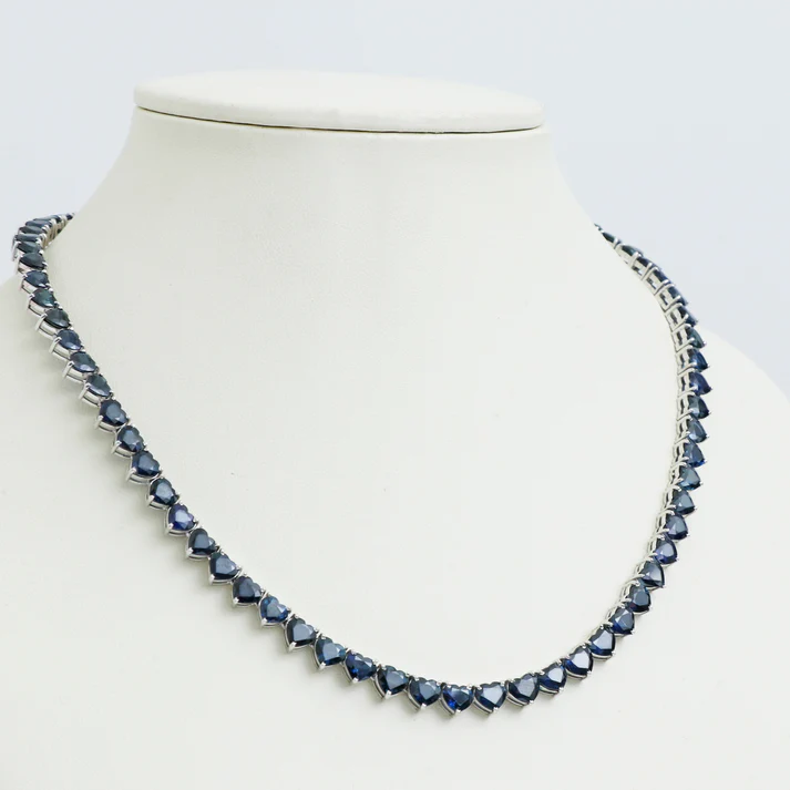 Blue Sapphire Heart Dark Tennis Necklace