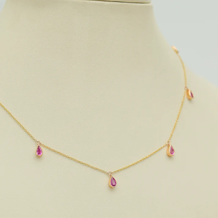 Pink Sapphire Pear Bezel Charm Necklace