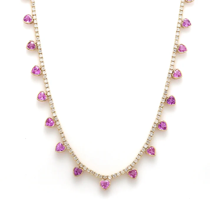 Pink Sapphire & Diamond Heart Tennis Necklace