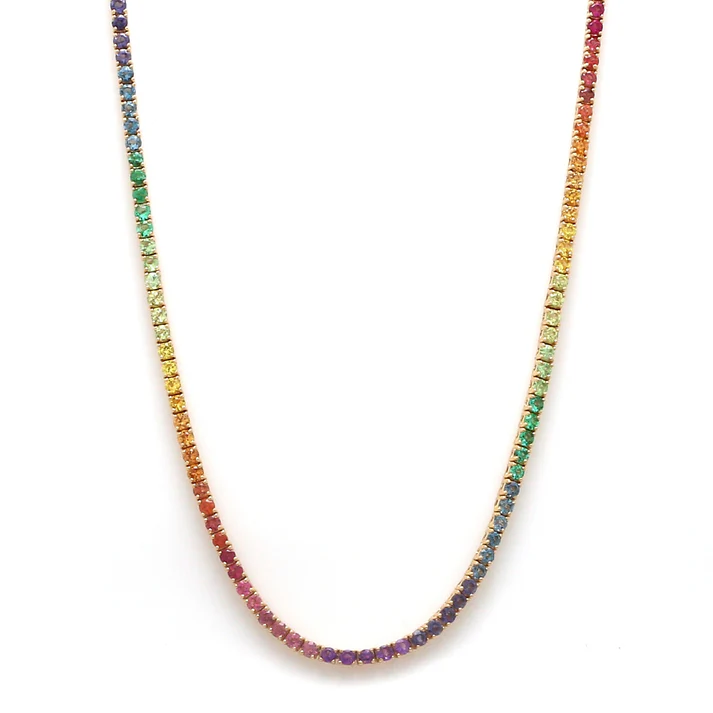 Rainbow Gemstone Thin Round Tennis Necklace