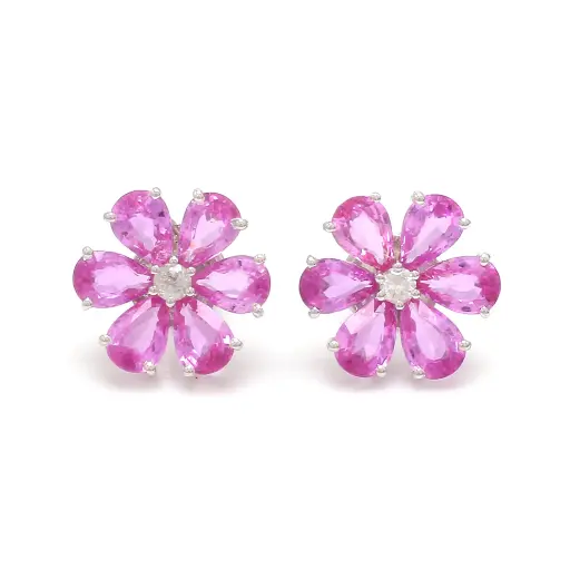 Pink Sapphire & Diamond Flower Studs