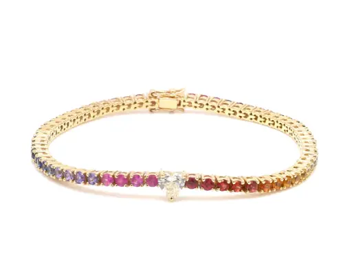 Rainbow Sapphire Heart Diamond Tennis Bracelet