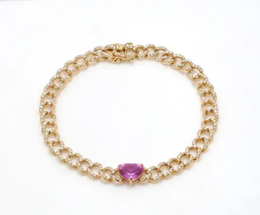  Pink Sapphire Heart Link Cuban Chain Bracelet