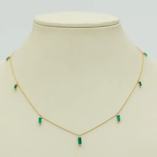 Emerald Bar Baguette Hanging Chain Necklace