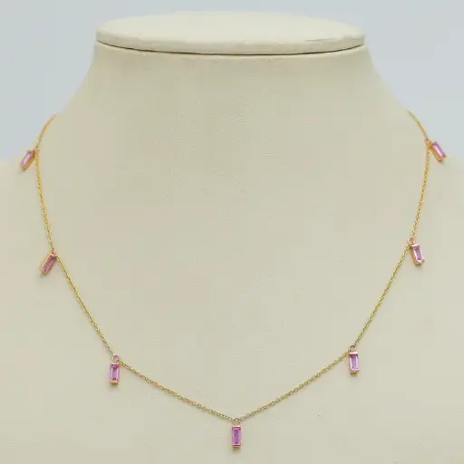 Pink Sapphire Bar Baguette Charm Necklace