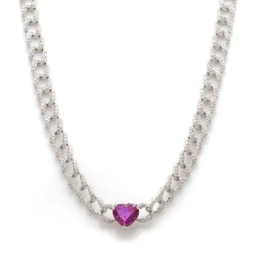 Pink Sapphire Heart Solitaire & Diamond Cuban  Necklace