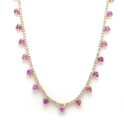 Pink Sapphire & Diamond Heart Tennis Necklace