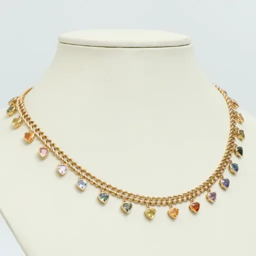 Rainbow Sapphire Bezel Heart Link Chain Necklace