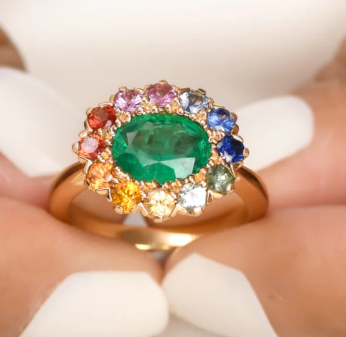 Emerald & Rainbow Sapphire Halo Ring