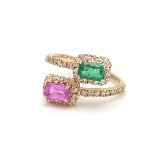 Emerald & Pink Sapphire Two Spiral Ring