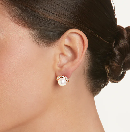 Pearl & Diamond Half Moon Studs Earrings