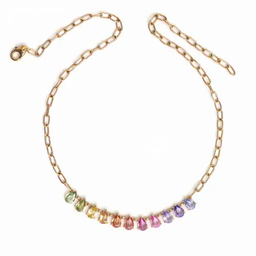 Rainbow Sapphire Pear Prong Link Chain Necklace